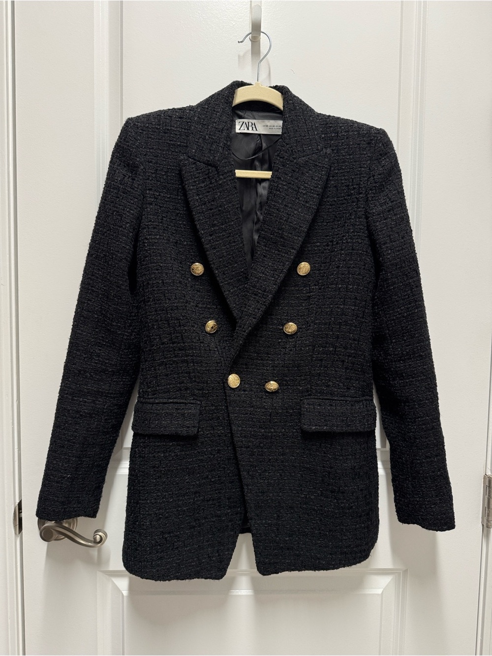 ZARA Black Tweed Double-Breasted Blazer with Gold Buttons